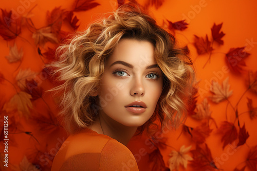 Generative Ai illustration of stunning woman surrounded by dry foliage autumn decorations background © Tetiana