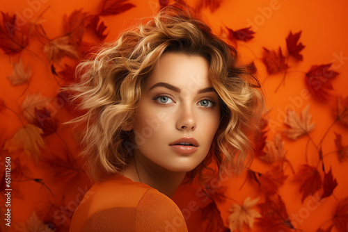 Generative Ai illustration of stunning woman surrounded by dry foliage autumn decorations background