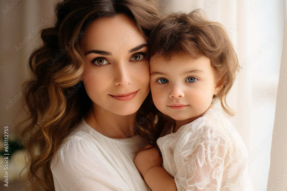 Generative AI photography of young lovely mother walking and hugging small cute baby Generative AI photography of young lovely mother walking and hugging small cute baby