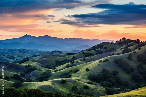 Sunset on mountain in hills, San Ramon, CA. Generative AI