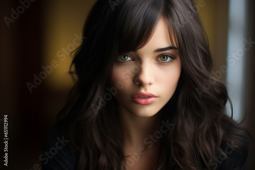 Generative Ai portrait of young girl woman brunette hairdo isolated over blurred lights background
