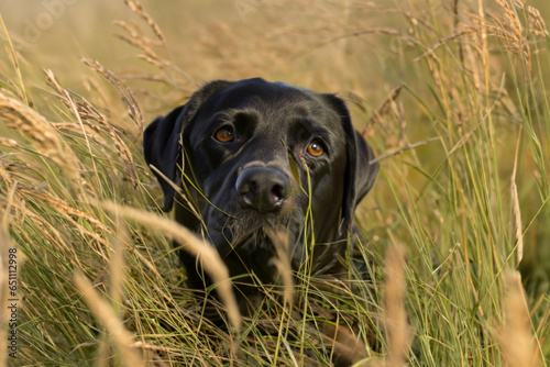 portrait of labrador dog in field of tall grass