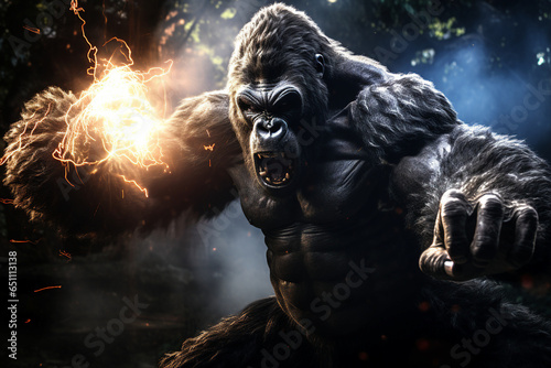 Generative ai collage photo of aggressive beast giant gorilla king kong using magic in fight