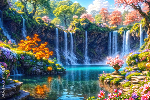 Paradise landscape with beautiful gardens, waterfalls and flowers, magical idyllic background with many flowers in eden.