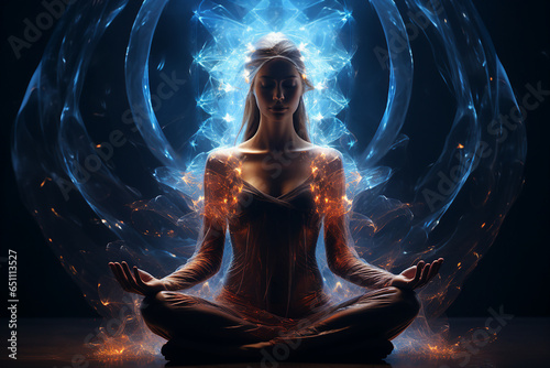 Colorful image of charming fantasy woman meditating enjoying nature positive energy aura generative AI