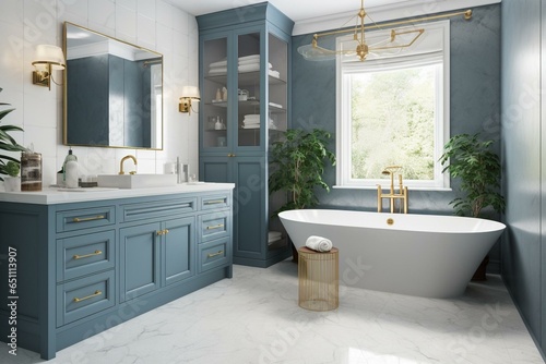 An appealing bathroom featuring a blue vanity cabinet  bathtub  shower  and gold faucets. Generative AI