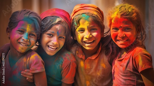 Celebration of Holi festival day colorful illustration of Group of Cheerful kids playing holi