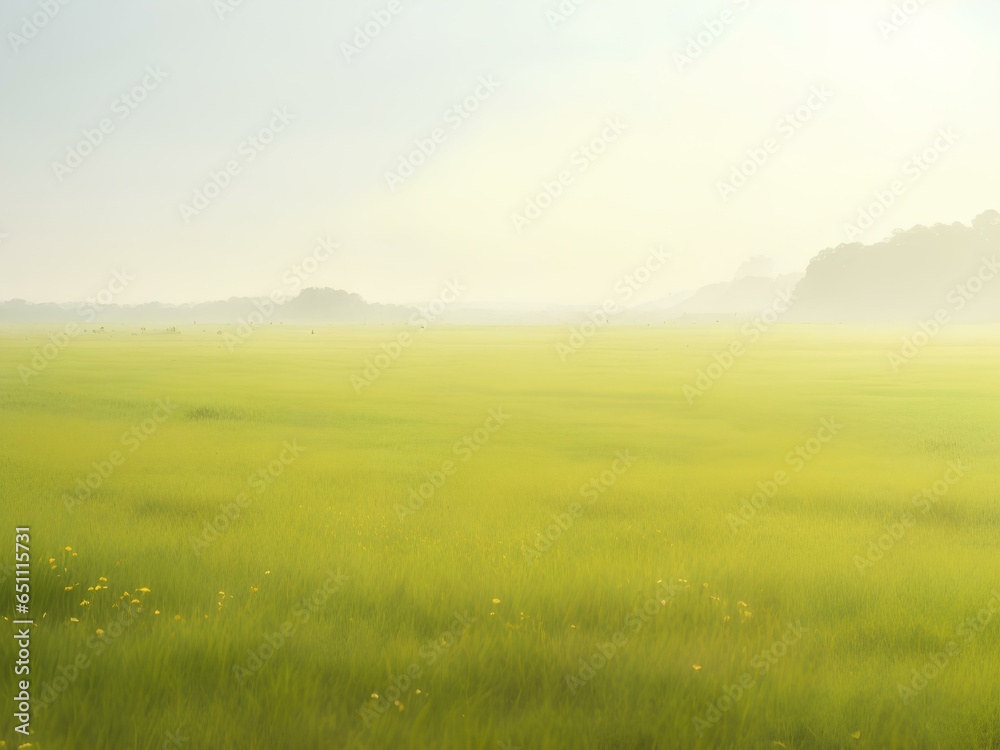 green field and fog