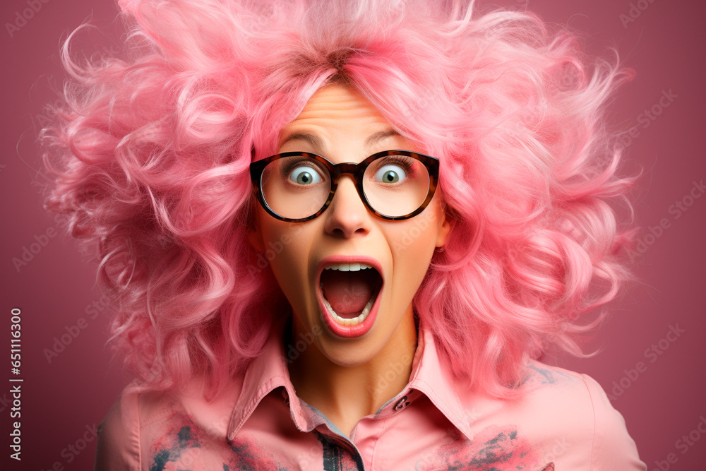 Woman wearing glasses and pink wig surprised with eyeglasses on pink background, in the style pick photo, clownpunk