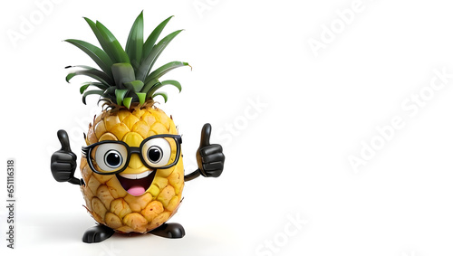 Happy smiling Pineapple character wearing sunglasses gives thumbs up, funny cartoon pineapple character showing thumbs up with white background photo