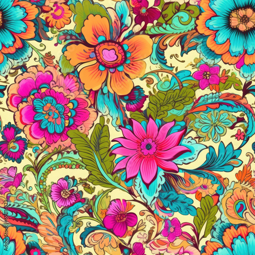 Bold and colorful henna inspired floral motifs seamless pattern  AI Generated .