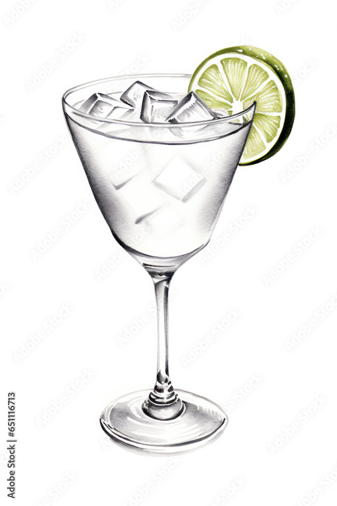 Classic margarita cocktail with salty rim. Isolated on white background, pencil drawing Classic margarita cocktail with salty rim. Isolated on white background, pencil drawing