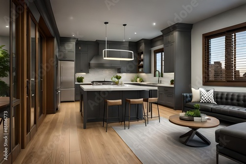 modern kitchen interior with cozy living room in gray .