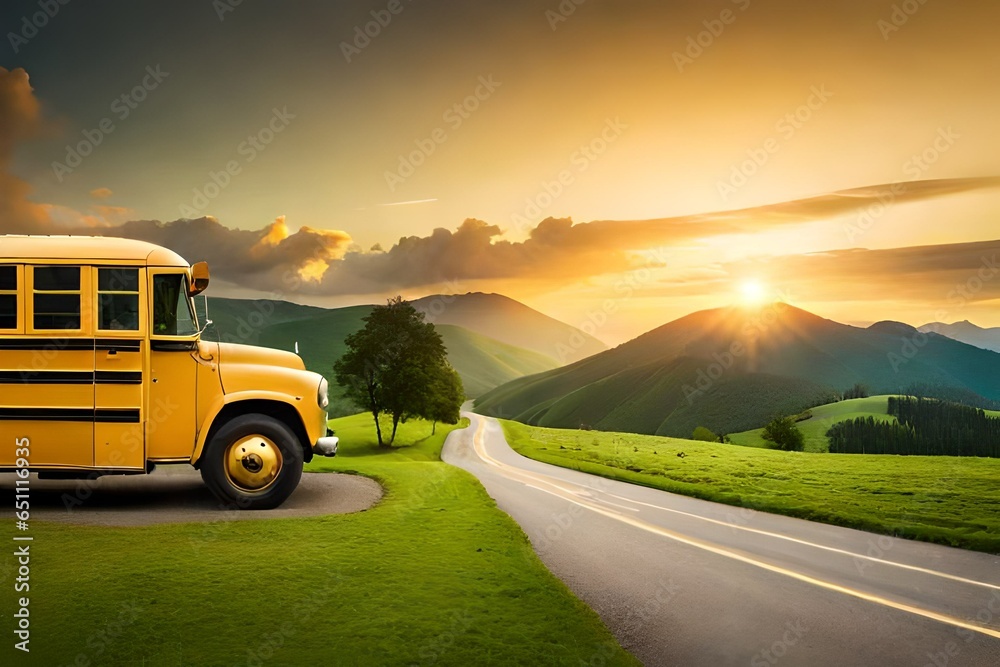 Obraz premium back to school with school bus and morning shine .