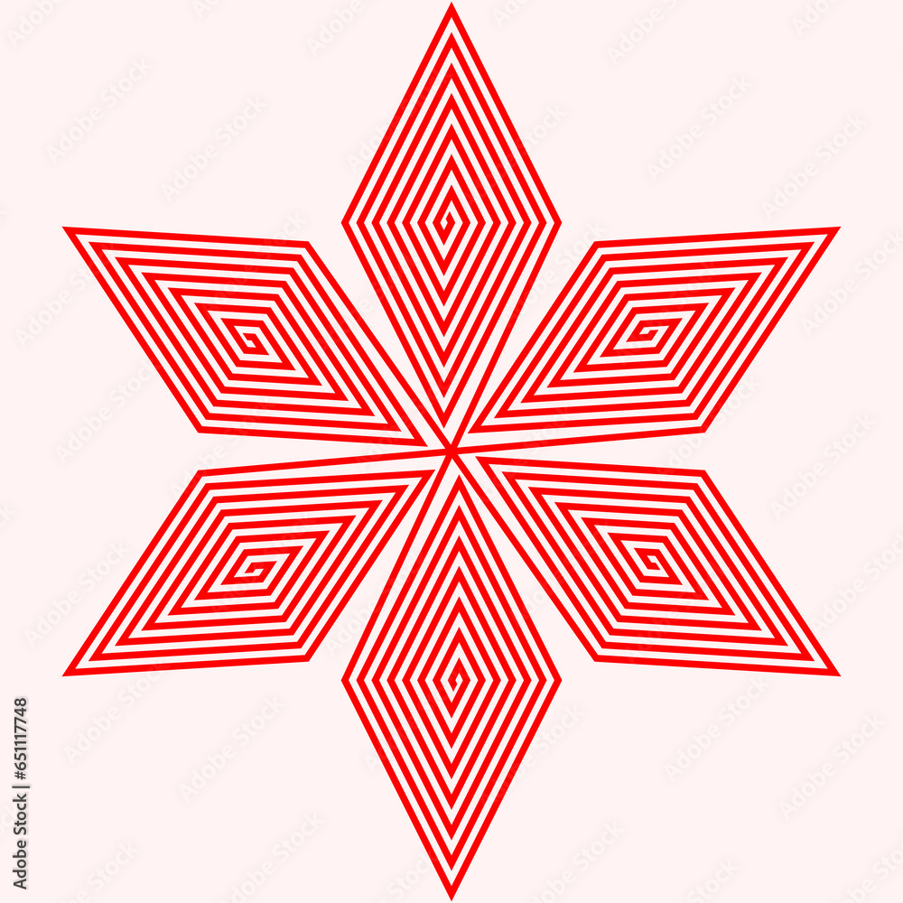 Red white stylized star on white background. Red striped flower abstract wallpaper. Symmetric geometric snowflake ornament. Vector illustration Red white stylized star on white background. Red striped flower abstract wallpaper. Symmetric geometric snowflake ornament. Vector illustration