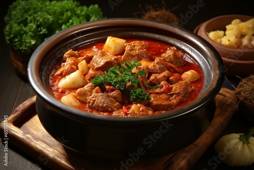 Delicious pork and kimchi stew, a traditional Korean dish. Generative AI
