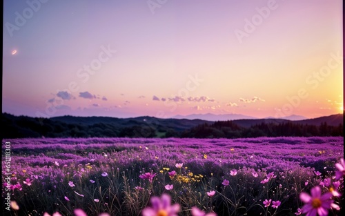 Pastel Twilight Wildflower Meadow at Sunset ai generated