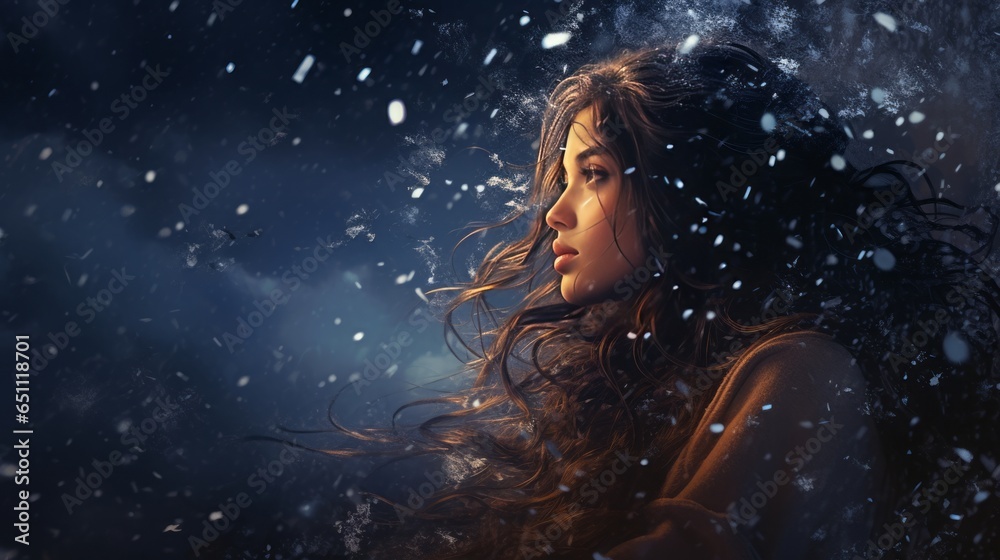 girl and falling snow. - obrazy, fototapety, plakaty 