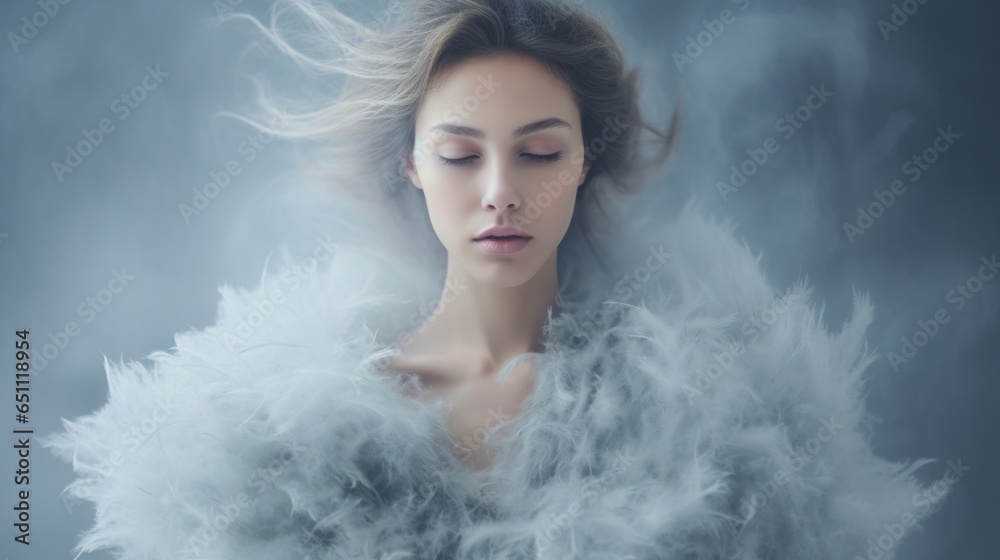 tender woman in the fog on a light background