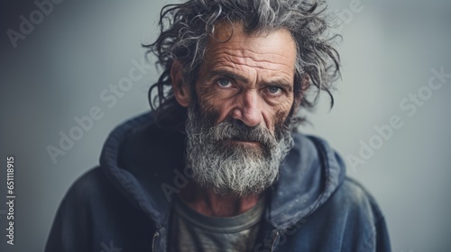 Homeless man with a weathered face against a blurred background