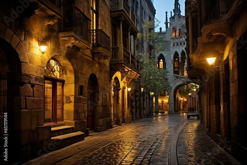 historical street in gothic area of barcelona. Generative AI