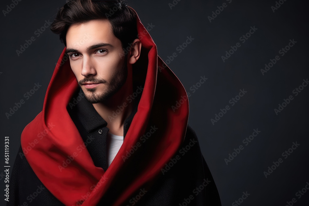 Handsome Man in Red Cape on a Dark Background Handsome Man in Red Cape on a Dark Background