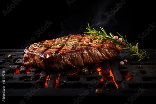 Seasoned steak on black, grill. Generative AI