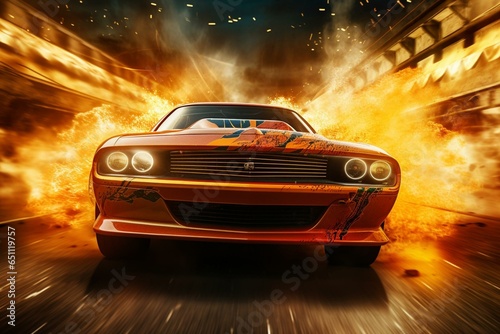 Fast racing with flames on race track, drag racing start. Generative AI photo