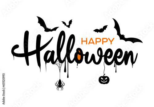 Happy Halloween printable banner with Happy Halloween lettering text, logo, type, vector, slide background for greeting card, bunting, Halloween email signature, gift tags, signs & party invitation