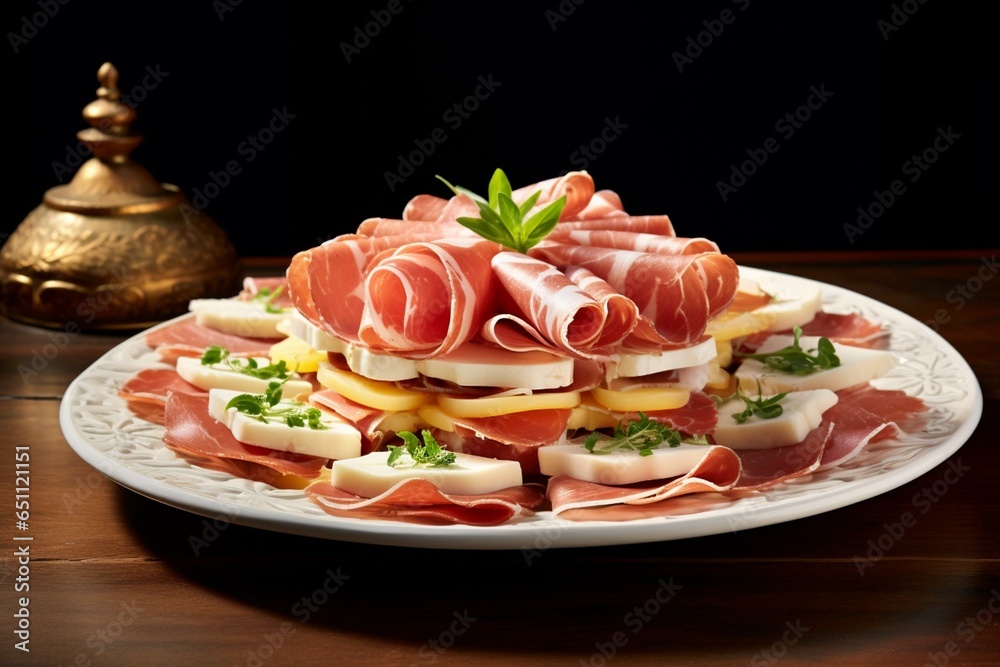 Italian appetizer with raw ham and cheese. Generative AI