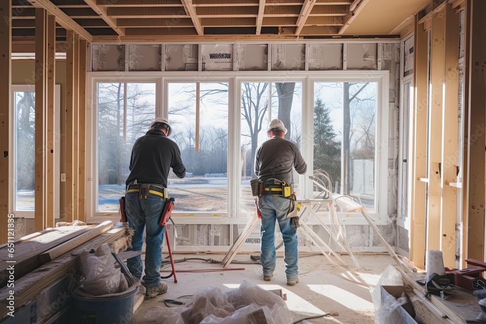 The process of installing windows in a new house. Builders building a new wooden house. Workers are installing a large panoramic window. Inside view.
