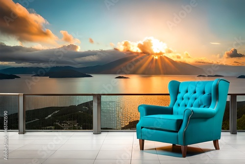 Aqua teal wingback armchair in contemporary style with pillow, wing armrests, and wooden feet, part of a turquoise sofa set for interior decor. © Asad
