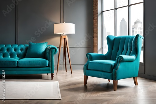 Contemporary aqua teal blue wingback armchair with pillow, upholstered wing armrests, wooden feet, displayed from the side on a white background. Part of a turquoise sofa ensemble for interior decor. © Asad