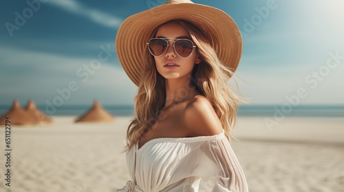 Stylish outdoor image of a young, attractive woman wearing a hat and sunglasses. Summer beach vacations. Summery mood