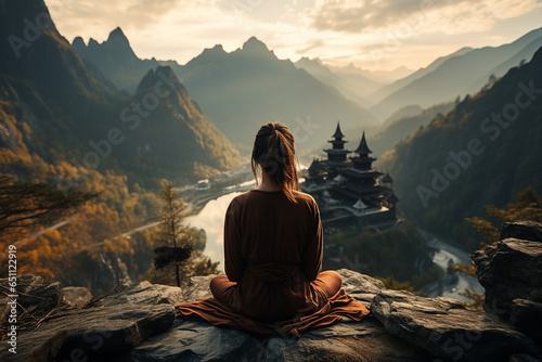 Young person meditating at dawn on a mountain with panoramic beautiful views generative AI technology