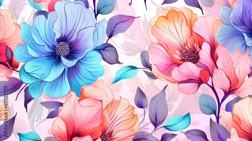 Flowered seamless pattern on a background of pink, blue, and orange. pink background with flowers. watercolor textured abstract art textile flower design in a vector illustration © Suleyman