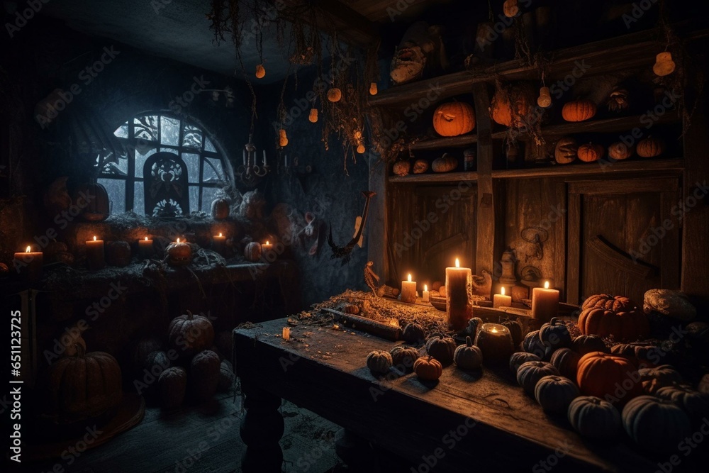 Dark wizard's chamber adorned with Halloween pumpkins and magic potions, illuminated by a moonlit night. Welcomes Halloween festivities. Generative AI