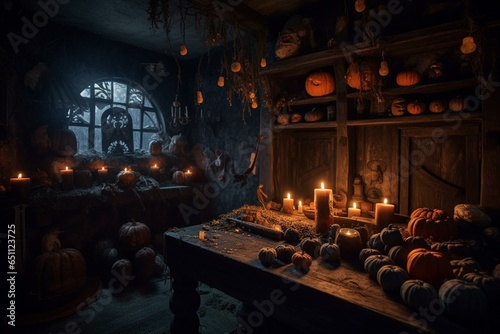 Dark wizard s chamber adorned with Halloween pumpkins and magic potions  illuminated by a moonlit night. Welcomes Halloween festivities. Generative AI