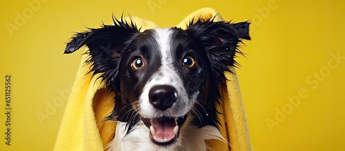 Leinwand Poster Groomed border collie in yellow towel after bath Pet wash