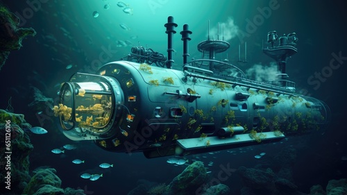 Robot submarine diving into underwater background. © Virtual Art Studio