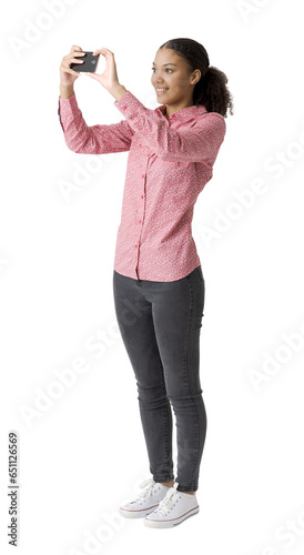 Smiling woman taking pictures with her phone