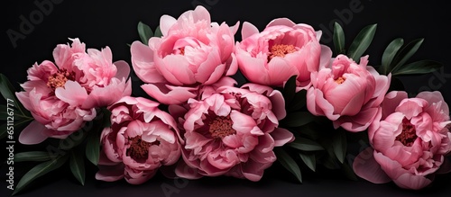 Fototapeta Naklejka Na Ścianę i Meble -  Minimalist elegant bouquet of pink peonies on a black backdrop