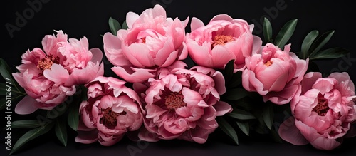 Minimalist elegant bouquet of pink peonies on a black backdrop