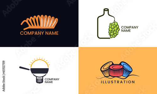 Illustration of a bottle, grape, bread, cable, light, pan, food. Creative logo design. Modern, company and business logo vector