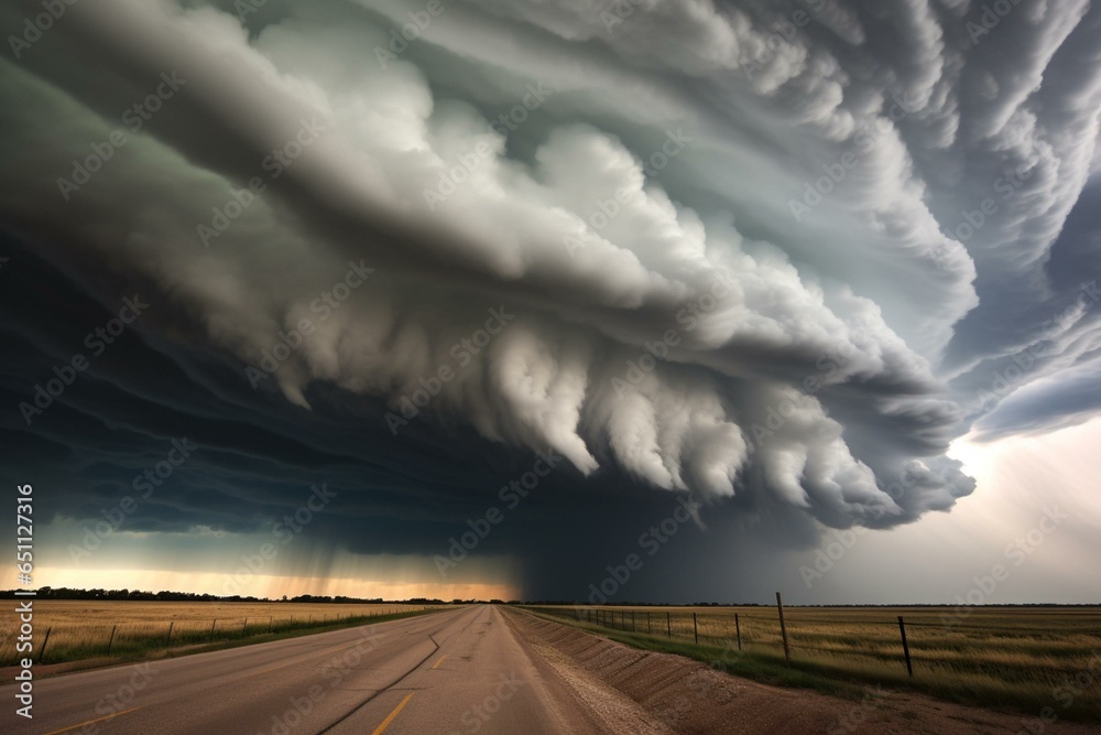 Clouds and intense weather conditions linked to a derecho storm. Generative AI