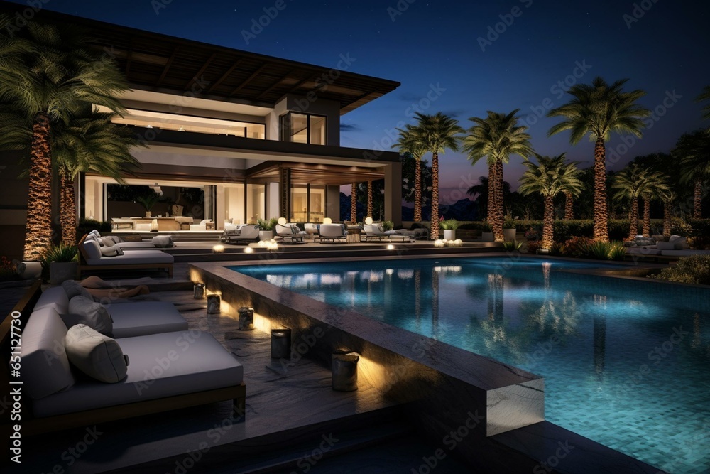 Luxurious pool with cozy outdoor seating, ideal for relaxing during hot summer nights. Generative AI