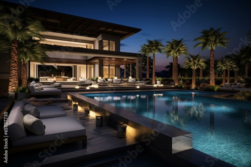Luxurious pool with cozy outdoor seating, ideal for relaxing during hot summer nights. Generative AI © Virelai
