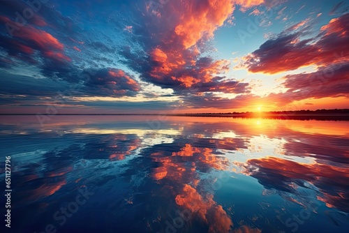 Sunset over the horizon with beautiful clouds and reflection in the water © PinkiePie