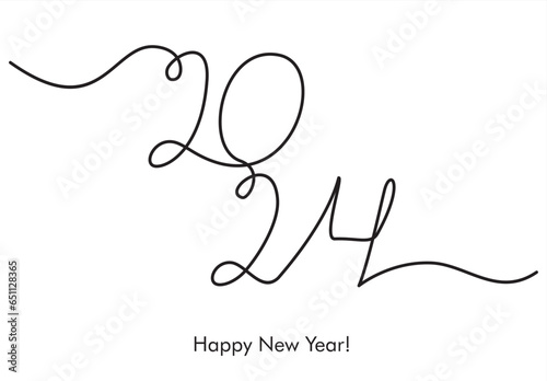 2024 one line art, hand drawn continuous contour. Holiday concept, festive lettering. New year handwriting text, sketch style, minimalist design. New year card photo