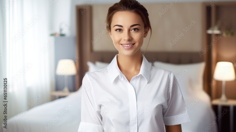 Happiness of Chambermaid standing in hotel room Happiness of Chambermaid standing in hotel room